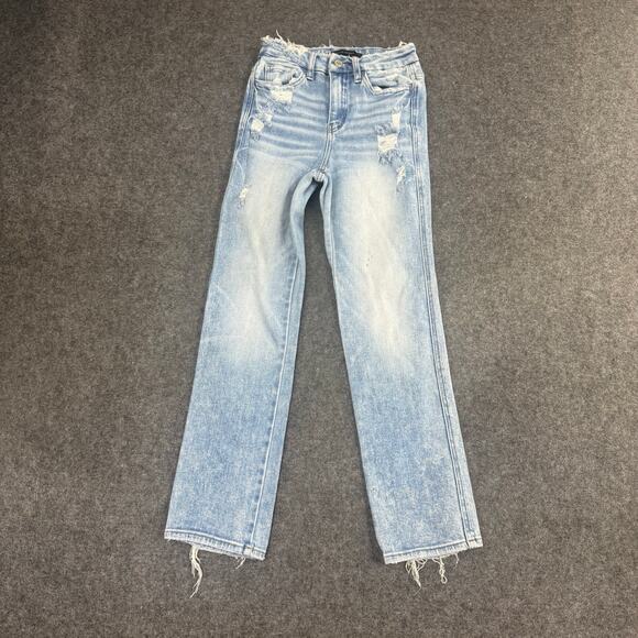Flying Monkey Jeans Women Blue Distressed High Rise‎ Straight Raw Hem 24 STAIN* - Picture 3 of 11